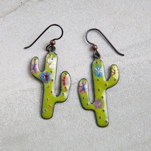 Handmade Copper Enamel Cactus Earrings Hand Crafted Artisan Vitreous Enamel